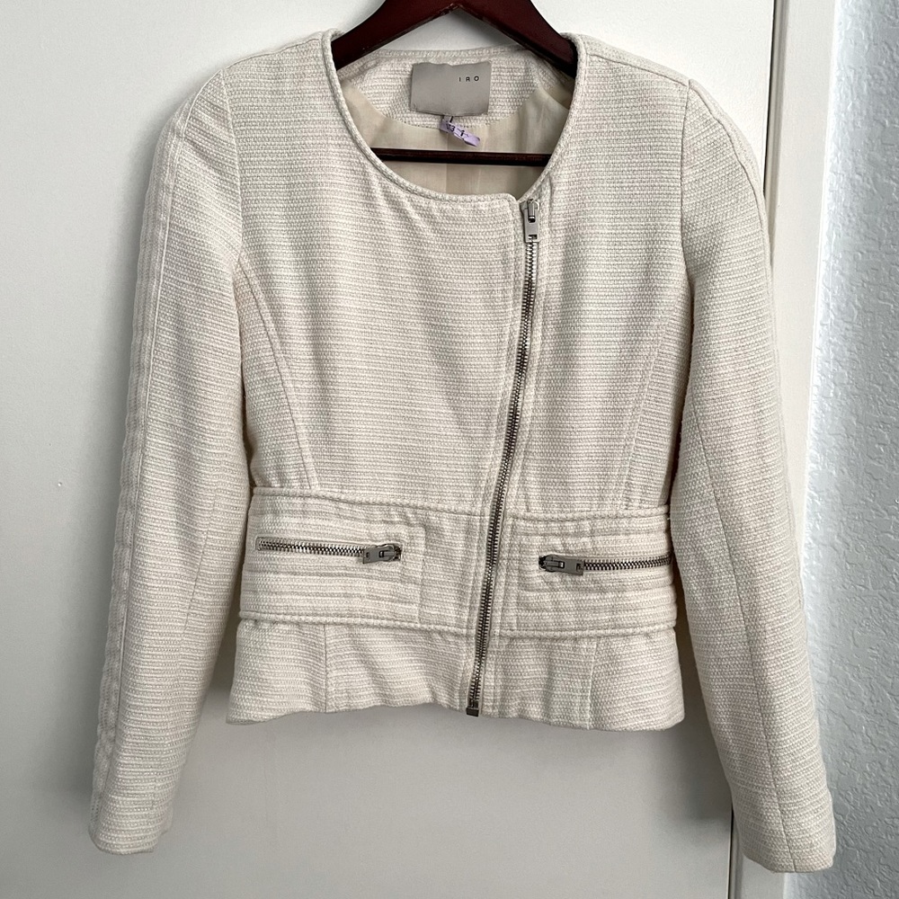 Iro Haven White Tweed Asymmetrical Zipper Moto Jacket Size 0